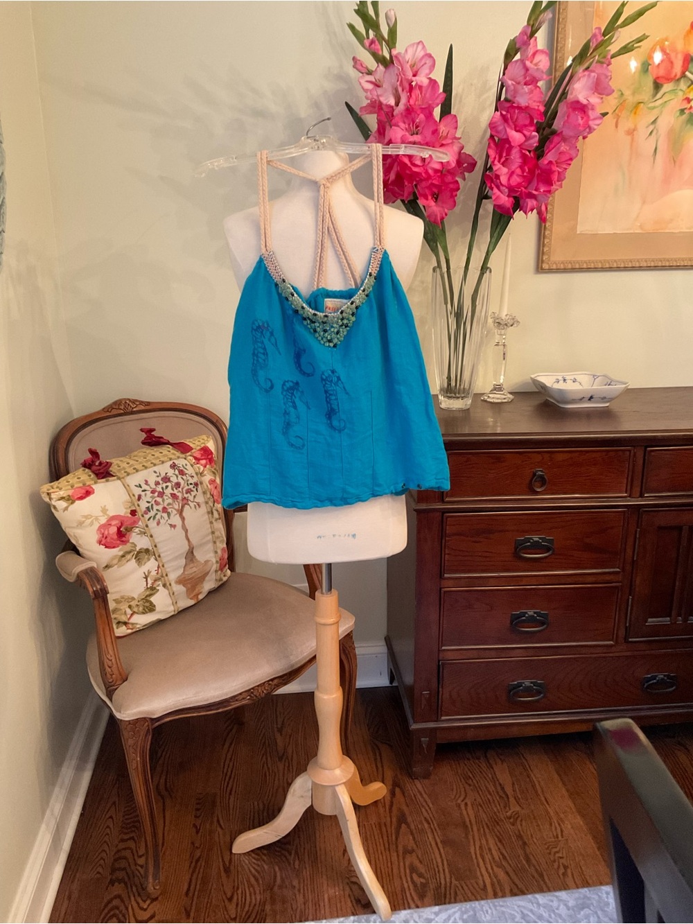 Free People Turquoise Beaded Halter Camisole